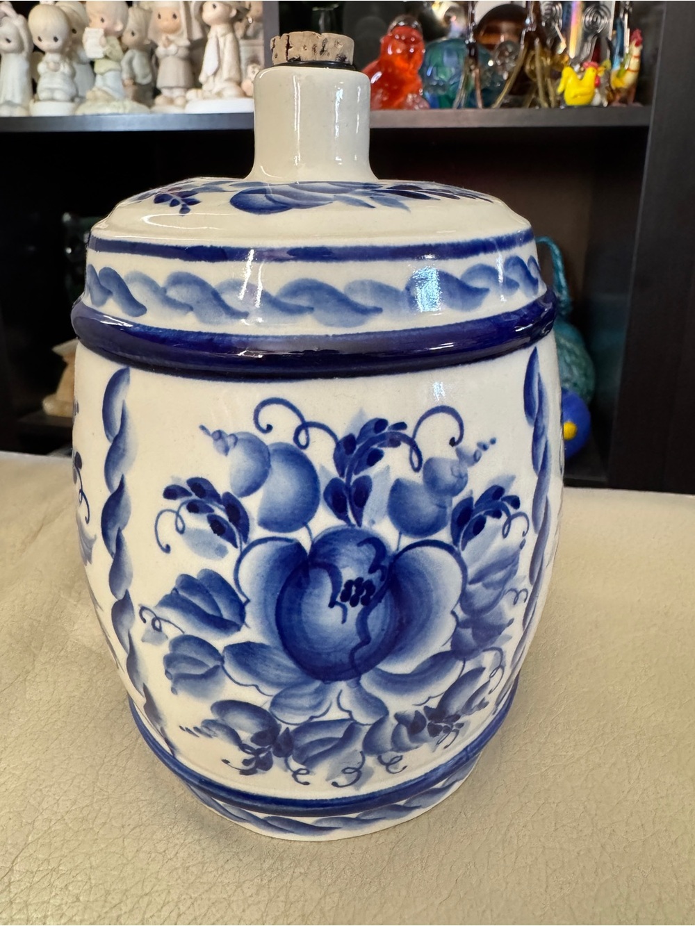 Russian Blue ceramic jar cobalt floral hand-painted. Signed